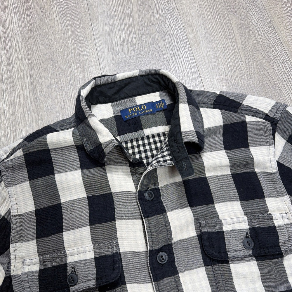 POLO RALPH LAUREN Flannel Shirt Mens Small Buffalo Plaid Long Sleeve Button Gray